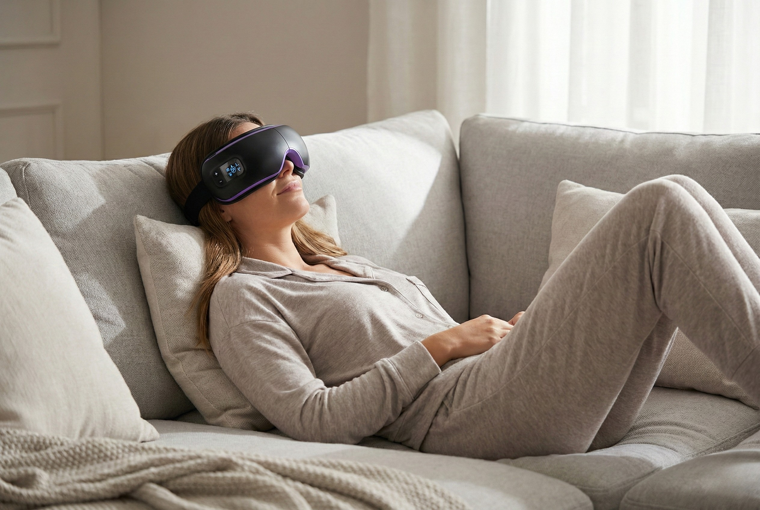 Kobieta leżąca z masażerem na oczach